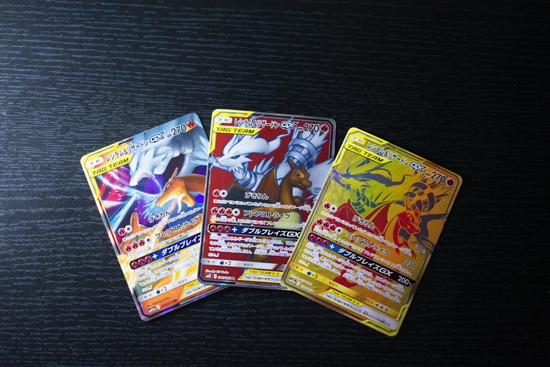 Trading cards laid out on a table